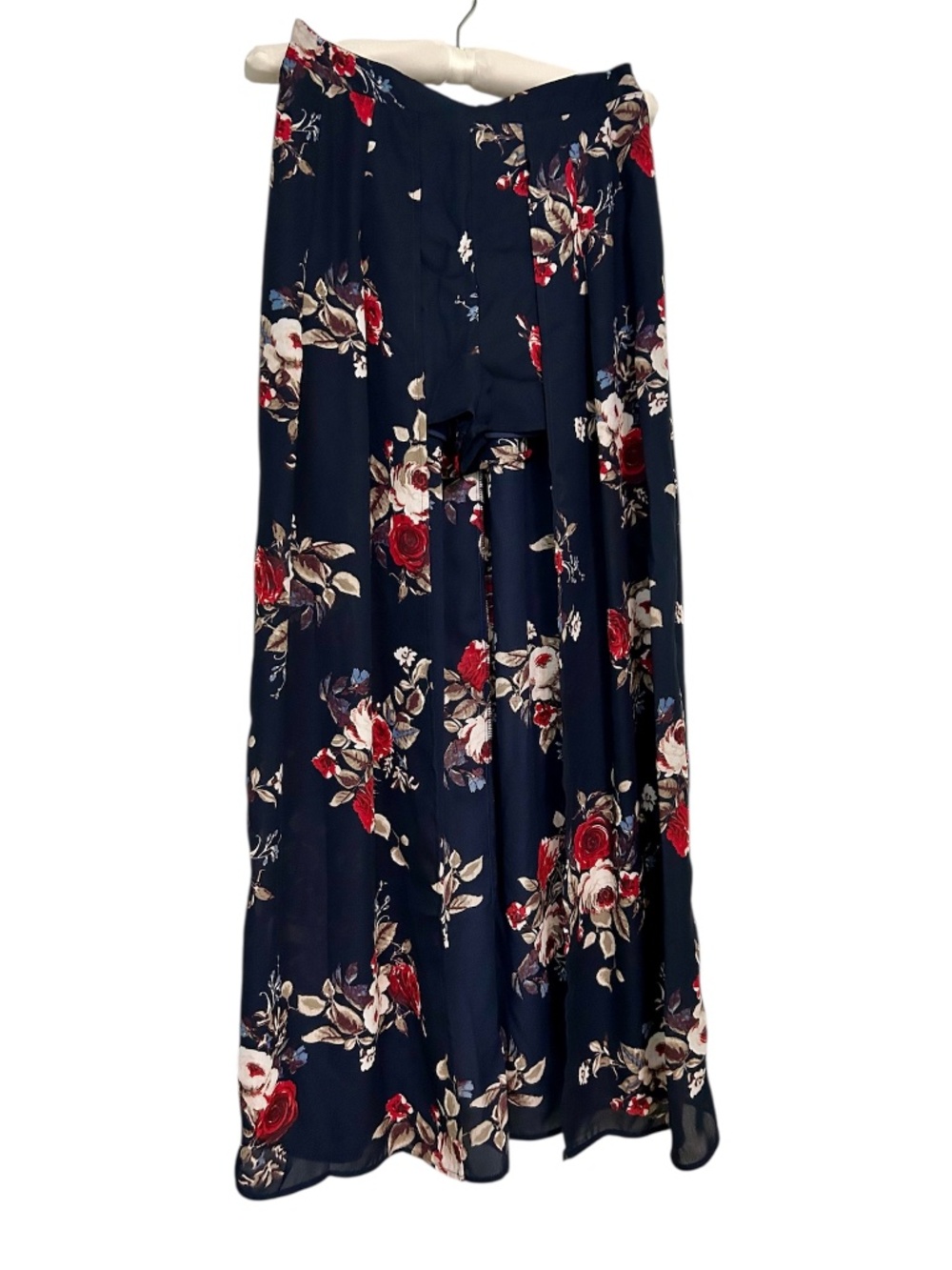Skirt with Shorts Under Open Front Navy Floral Red Cream Flowy Maxi Size Small